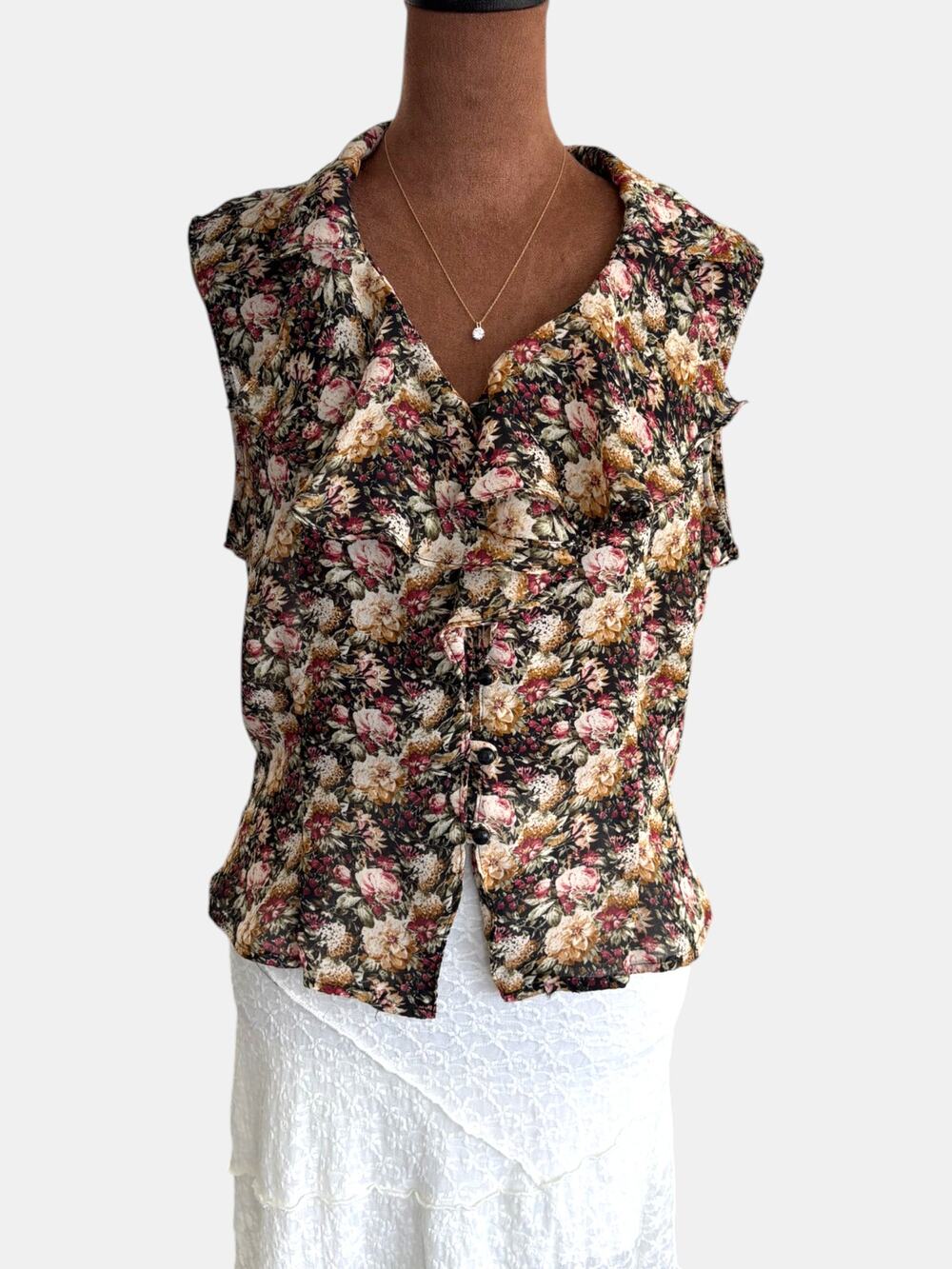 90s Vintage Try 1 Floral Chiffon Sleeveless Blouse Ruffle Trim Button Front
